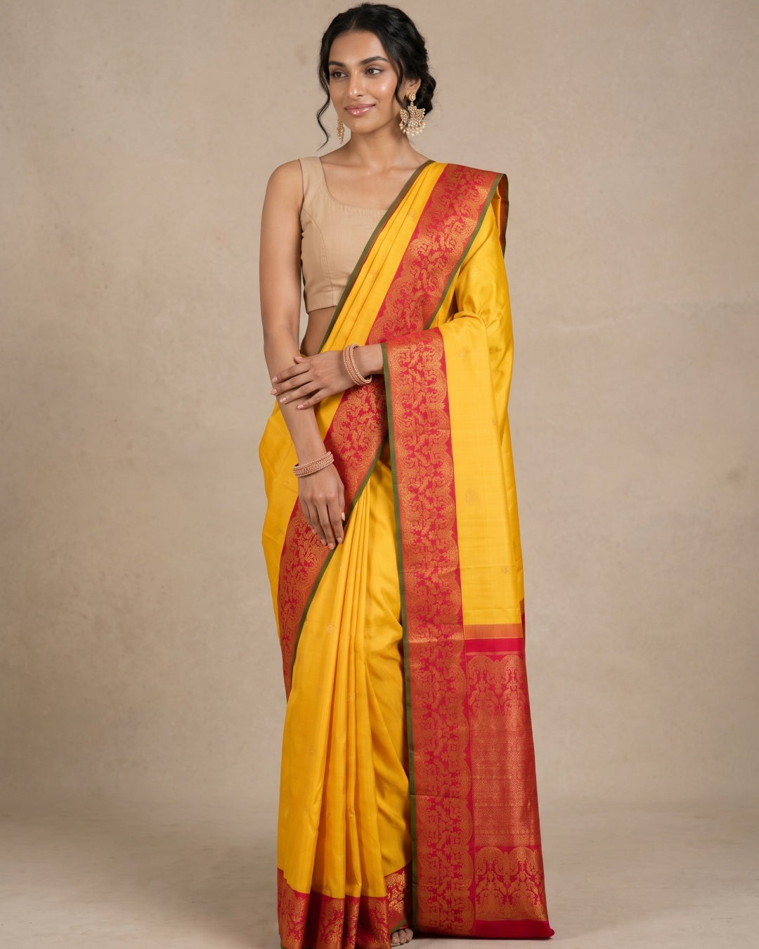 Yellow Pure Kanjeevaram Silk Saree with Gold Zari Motifs & Red Border - detail
