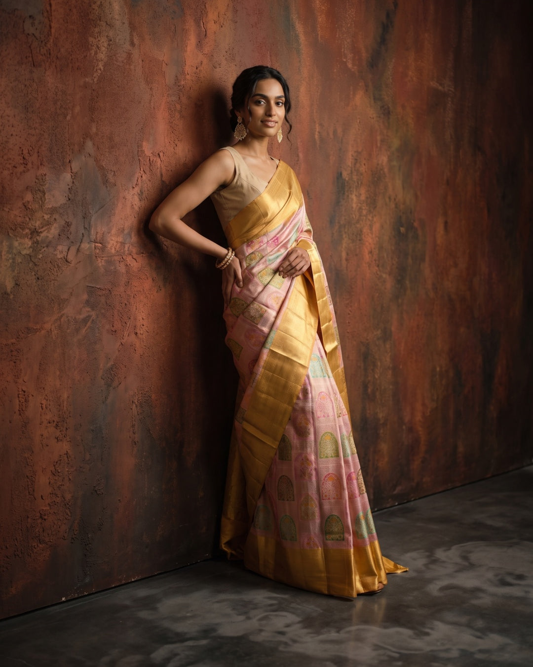 Onion Pink Pure Kanjeevaram Tissue Brocade Saree with Yellow Zari Border