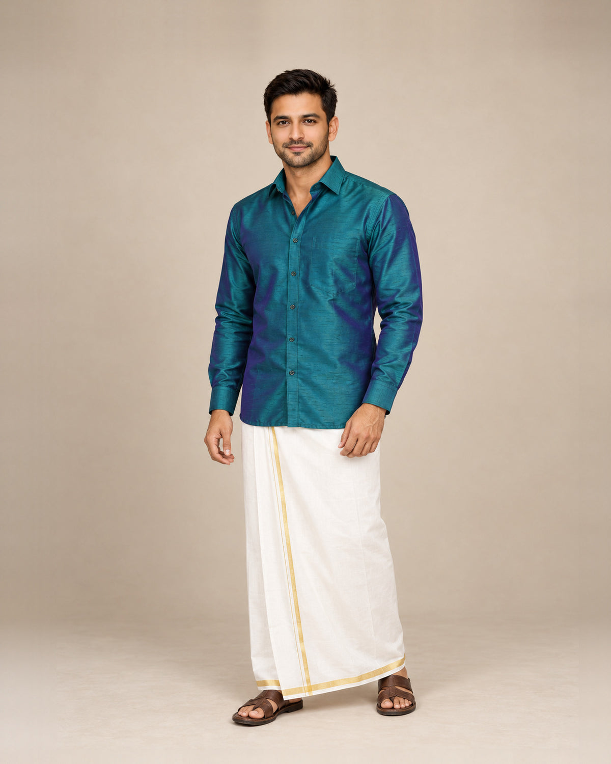Dark Green Plain Raw Silk Shirt