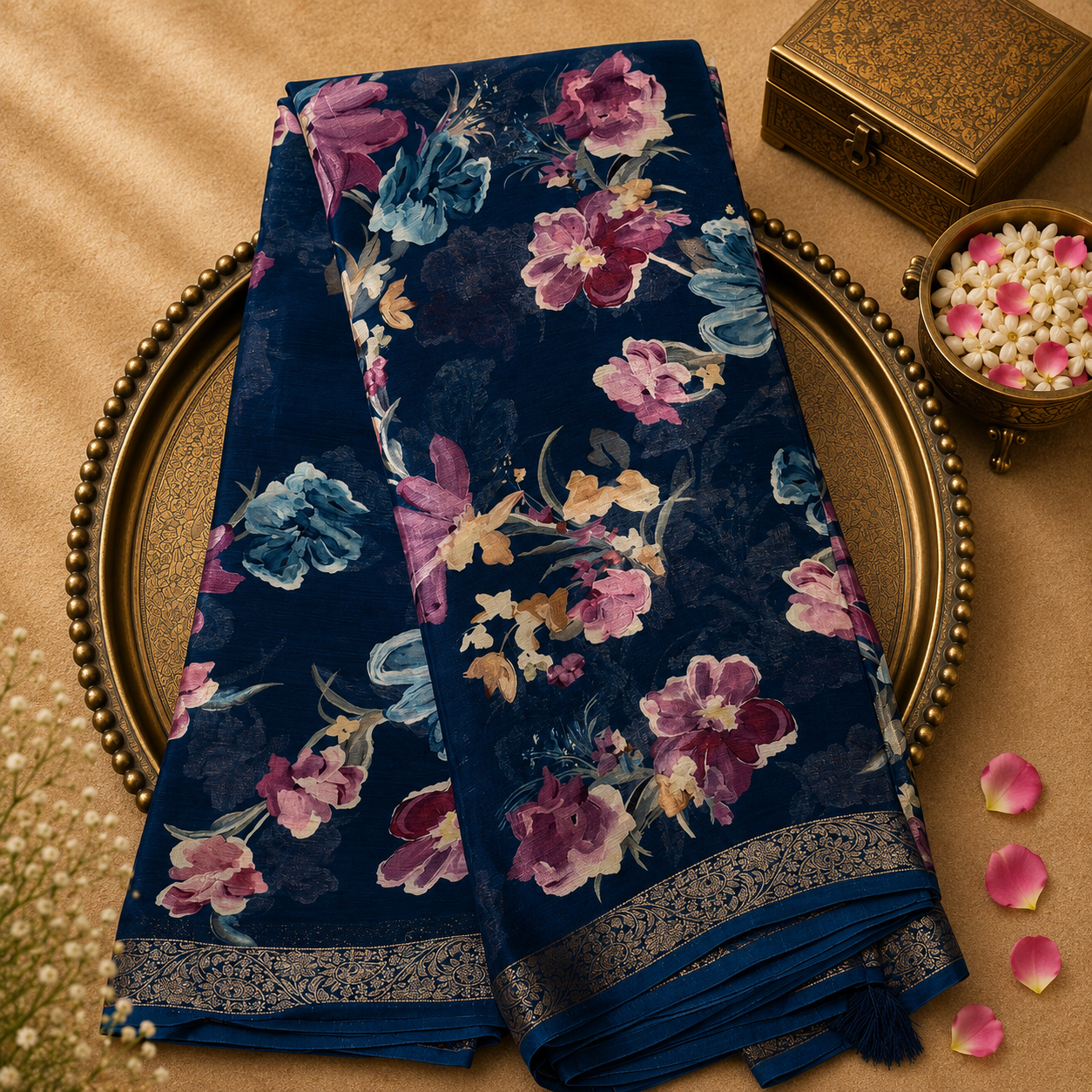 Peacock Blue Crepe Georgette Saree with Digital Floral Print & Gold Zari Border