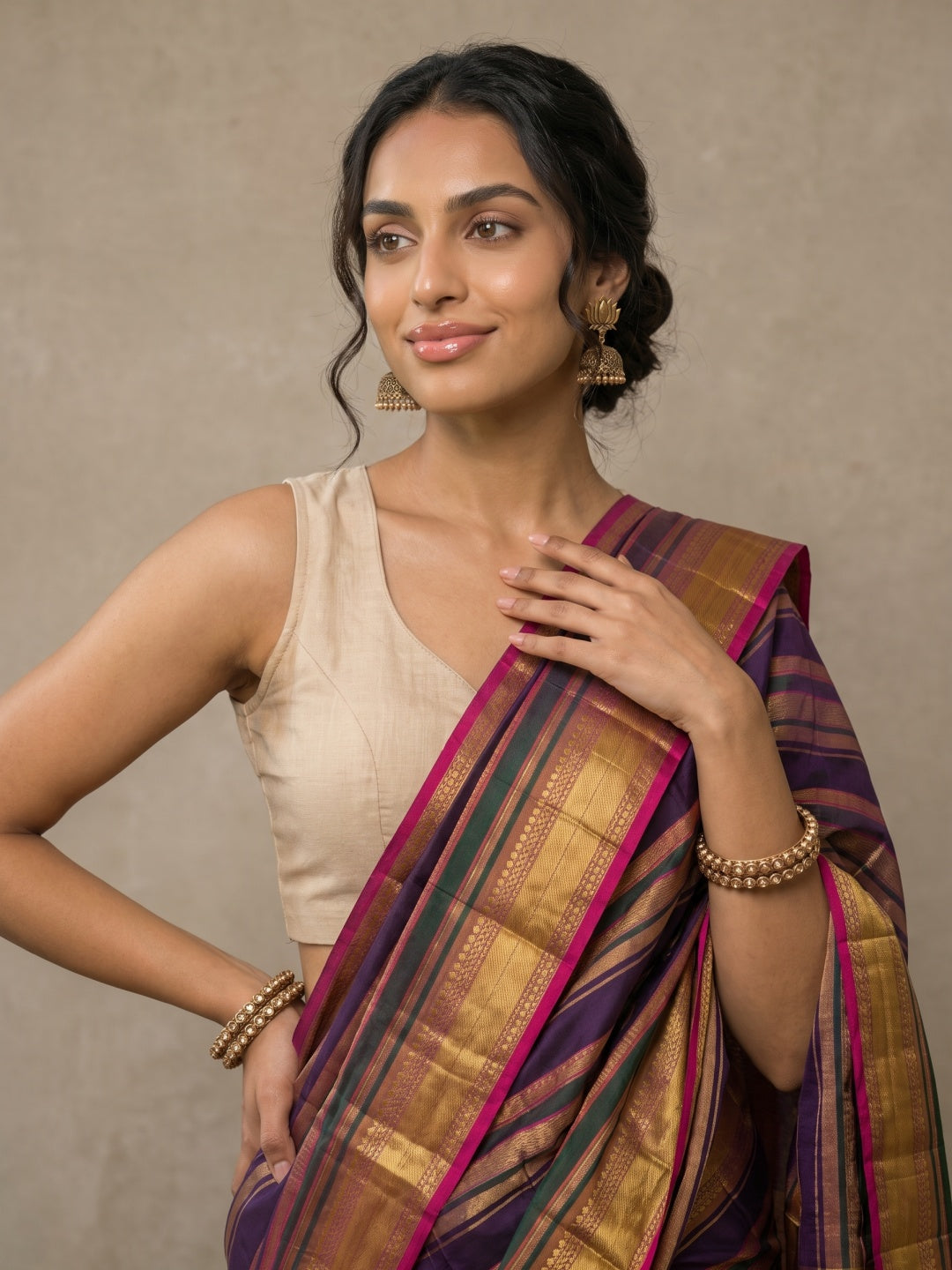 Multicolour Pure Kanjeevaram Silk Saree with Gold Zari Detailing - detail