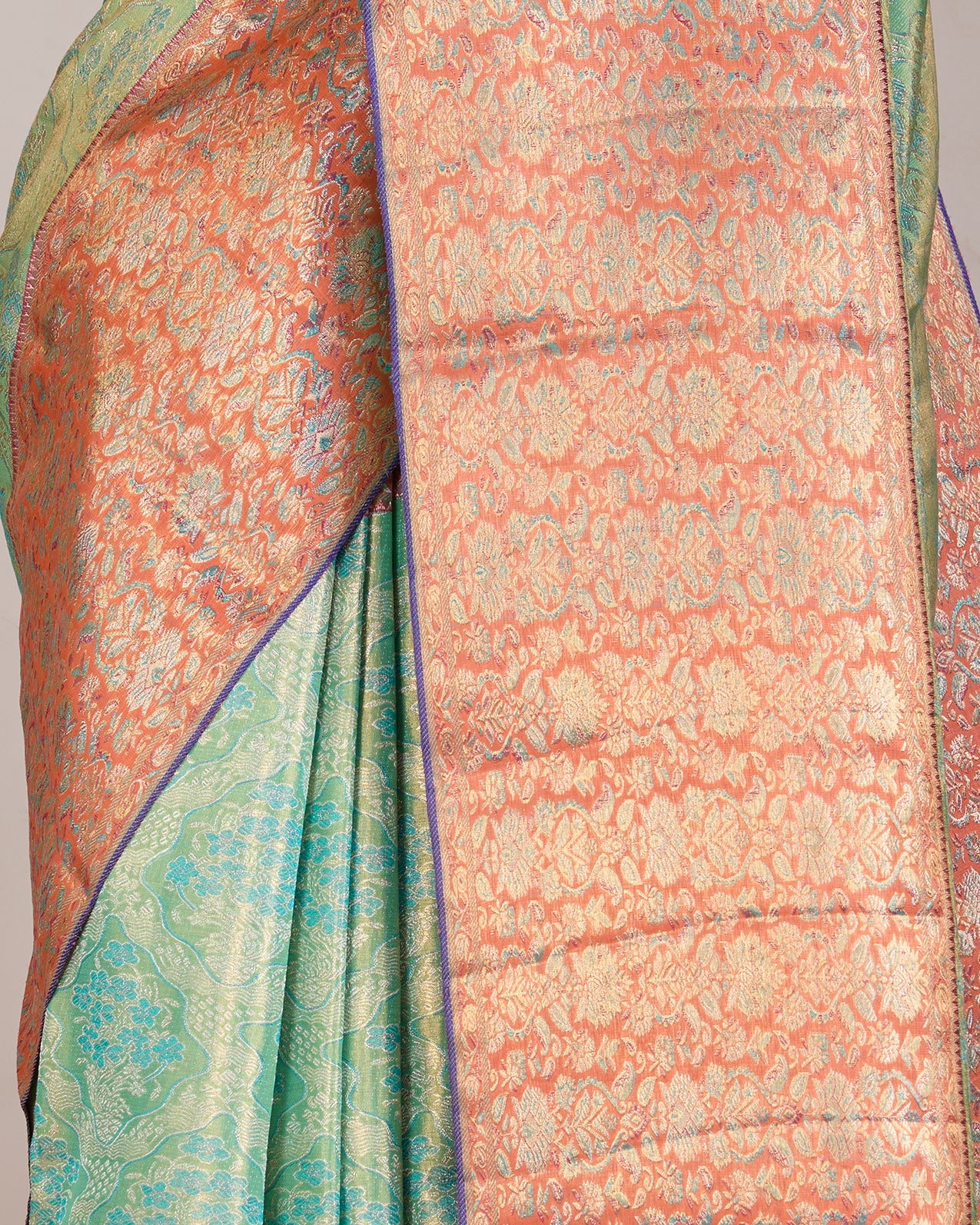 Peacock Green & Blue Dual-Tone Kanjeevaram Tissue Silk Saree with Floral Border - detail