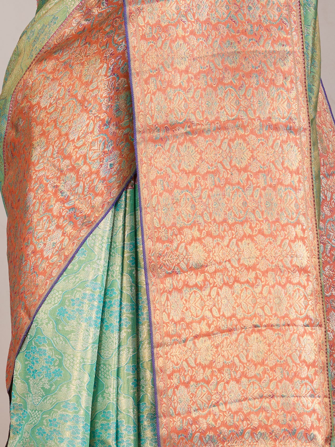 Peacock Green & Blue Dual-Tone Kanjeevaram Tissue Silk Saree with Floral Border - detail