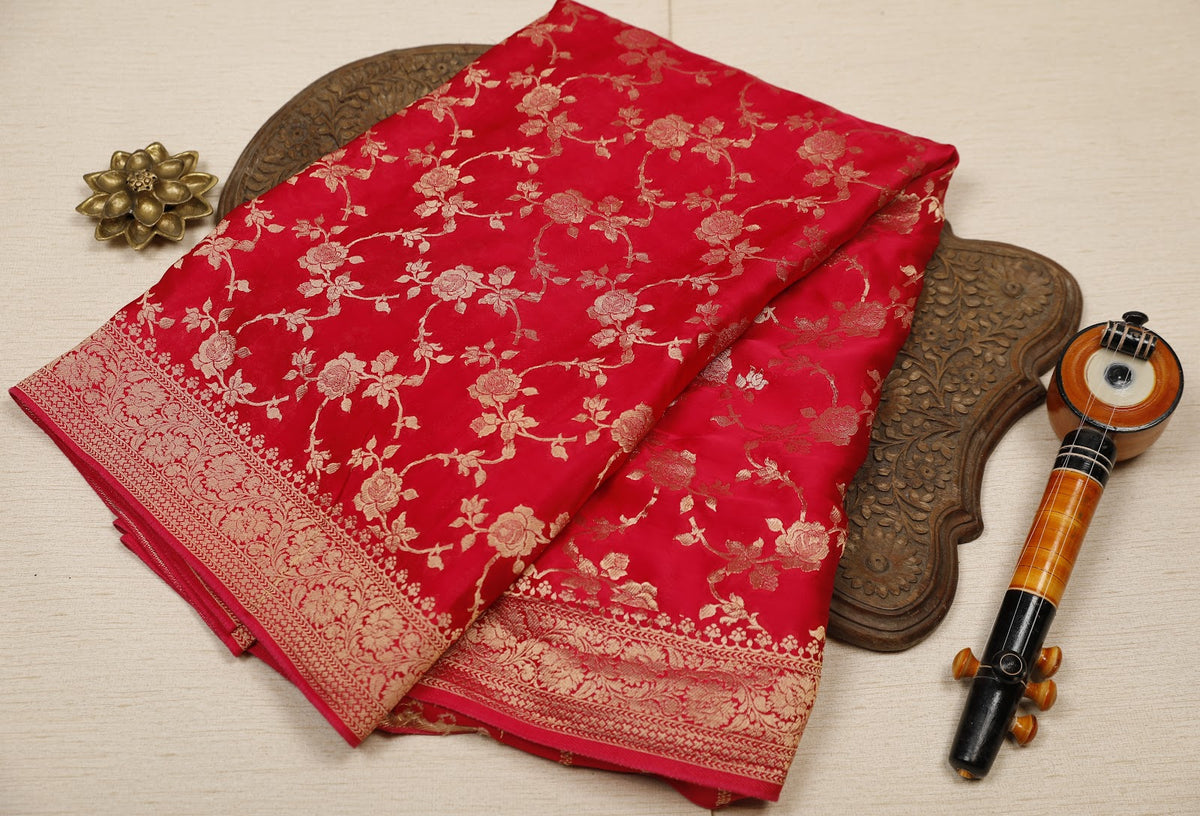 Bright Pink Modal Banarasi Saree with Floral Zari Brocade & Floral Zari Border