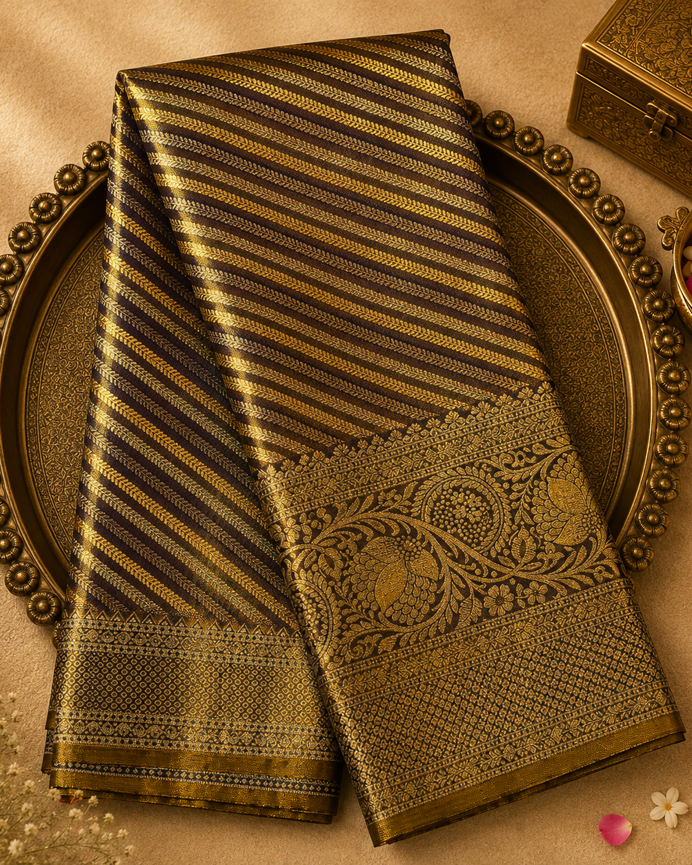 Golden Purple Kanchivaram Pure Brocade Tissue Silk Saree with Gold & Silver Zari