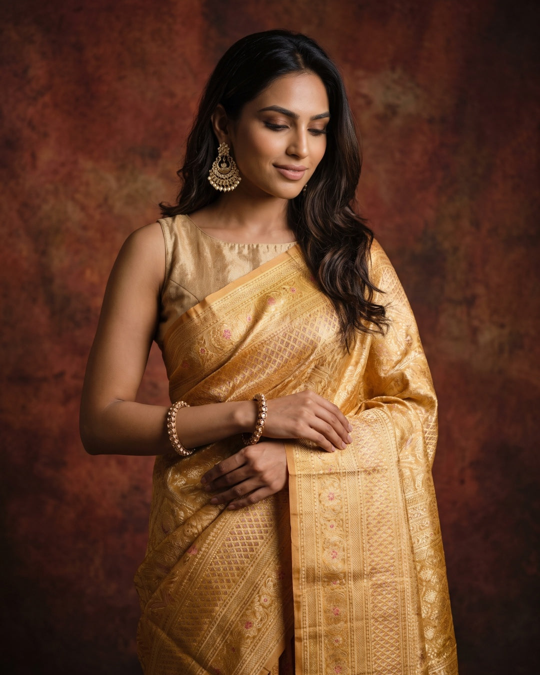 Bright Reddish Orange Pure Kanjeevaram Silk Saree with Gold & Silver Vertical Weave - detail