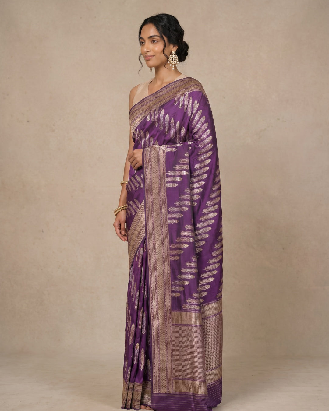 Purple Pure Banarasi Silk Saree with Gold & Silver Diagonal Motifs - detail