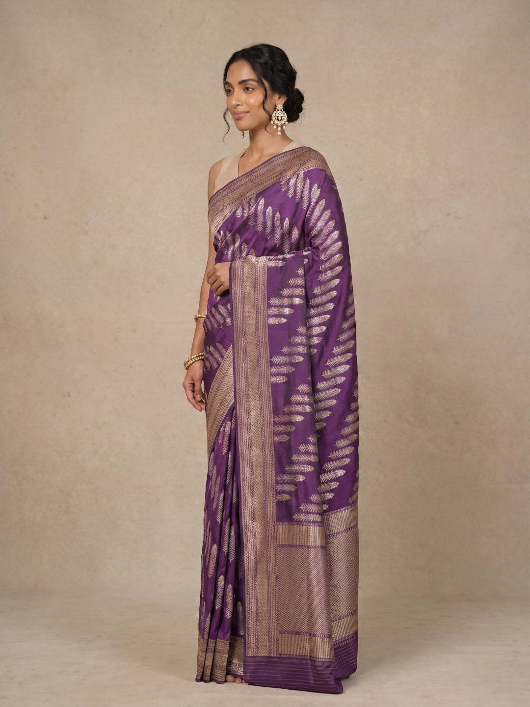 Purple Pure Banarasi Silk Saree with Gold & Silver Diagonal Motifs - detail