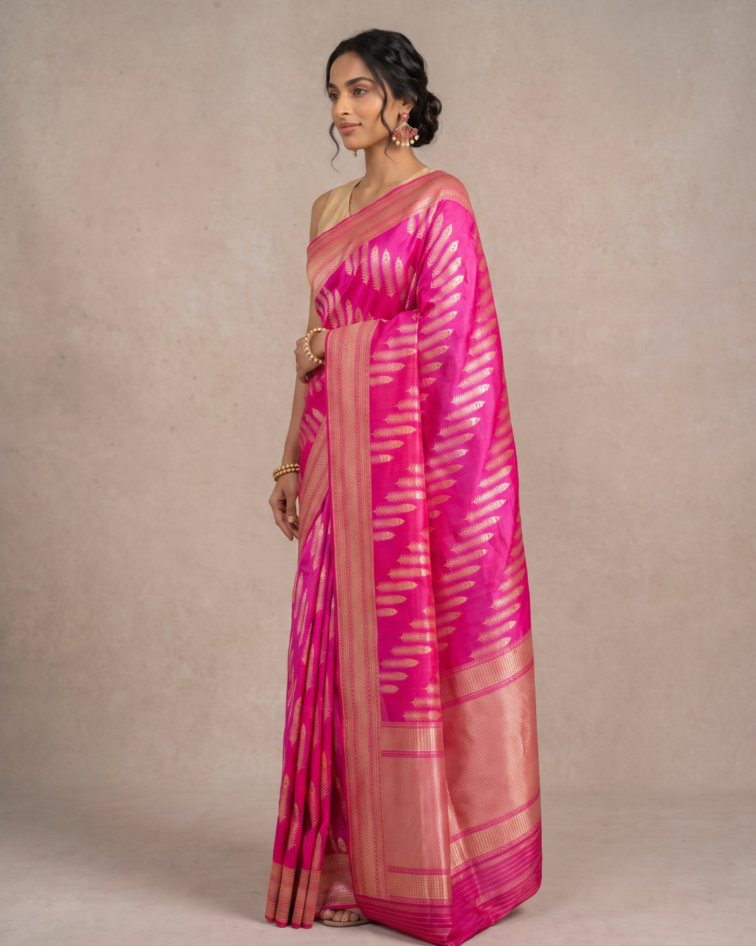 Bright Pink Pure Banarasi Silk Saree with Gold & Silver Diagonal Motifs