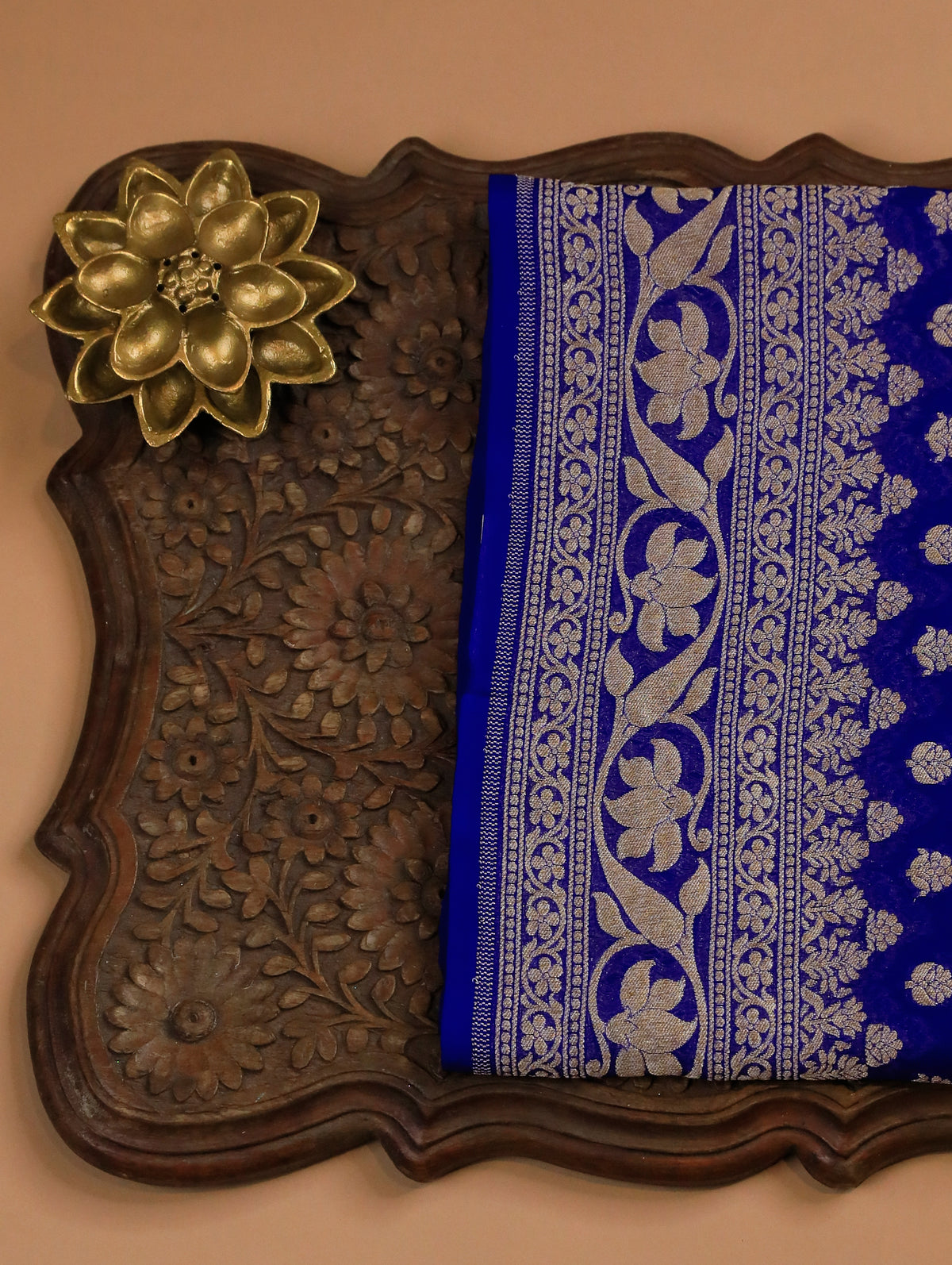 Ink Blue Pure Banarasi Georgette Saree with Zari Buttas & Floral Border