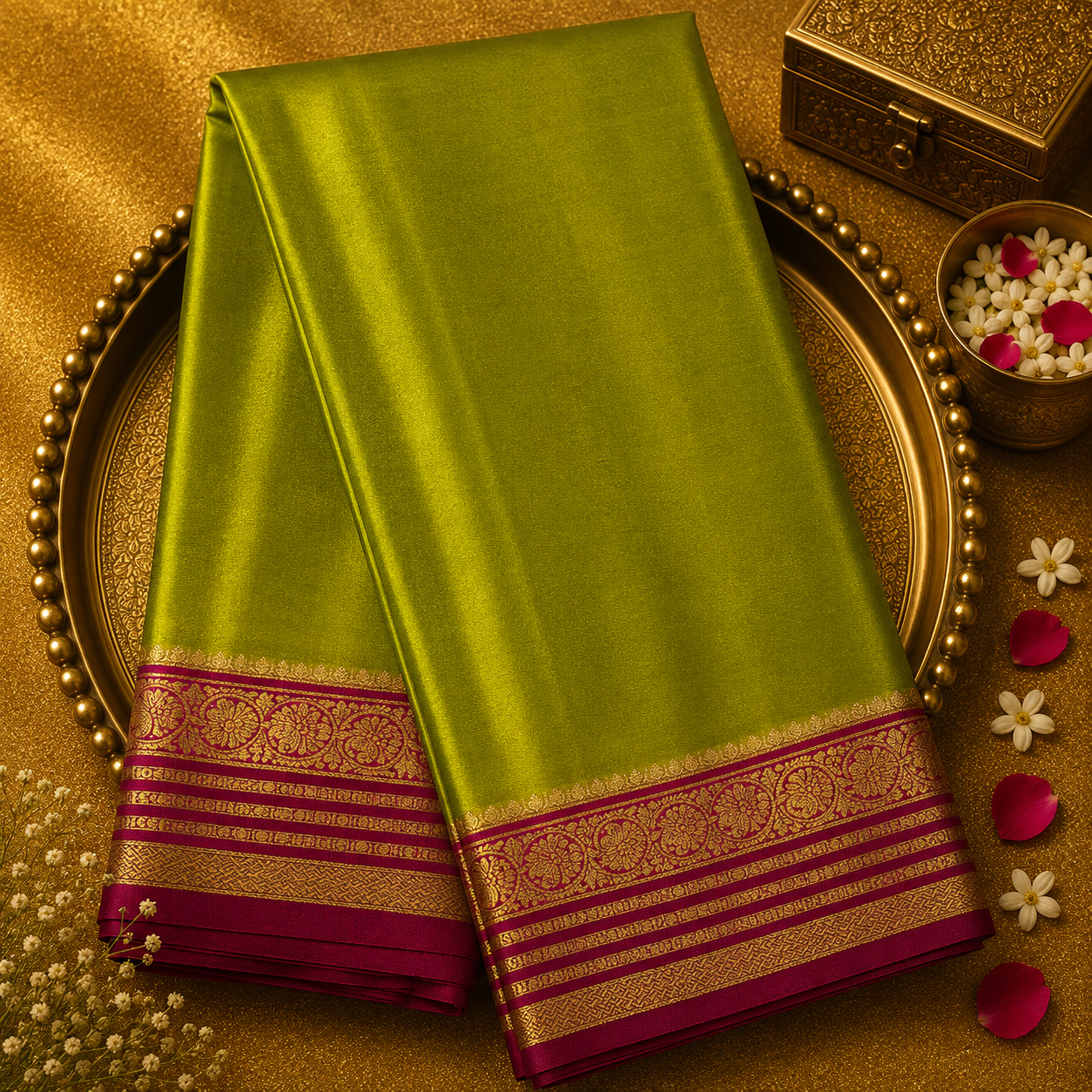 Mehendi Green Pure Mysore Crepe Silk Saree with Pink-Gold Border
