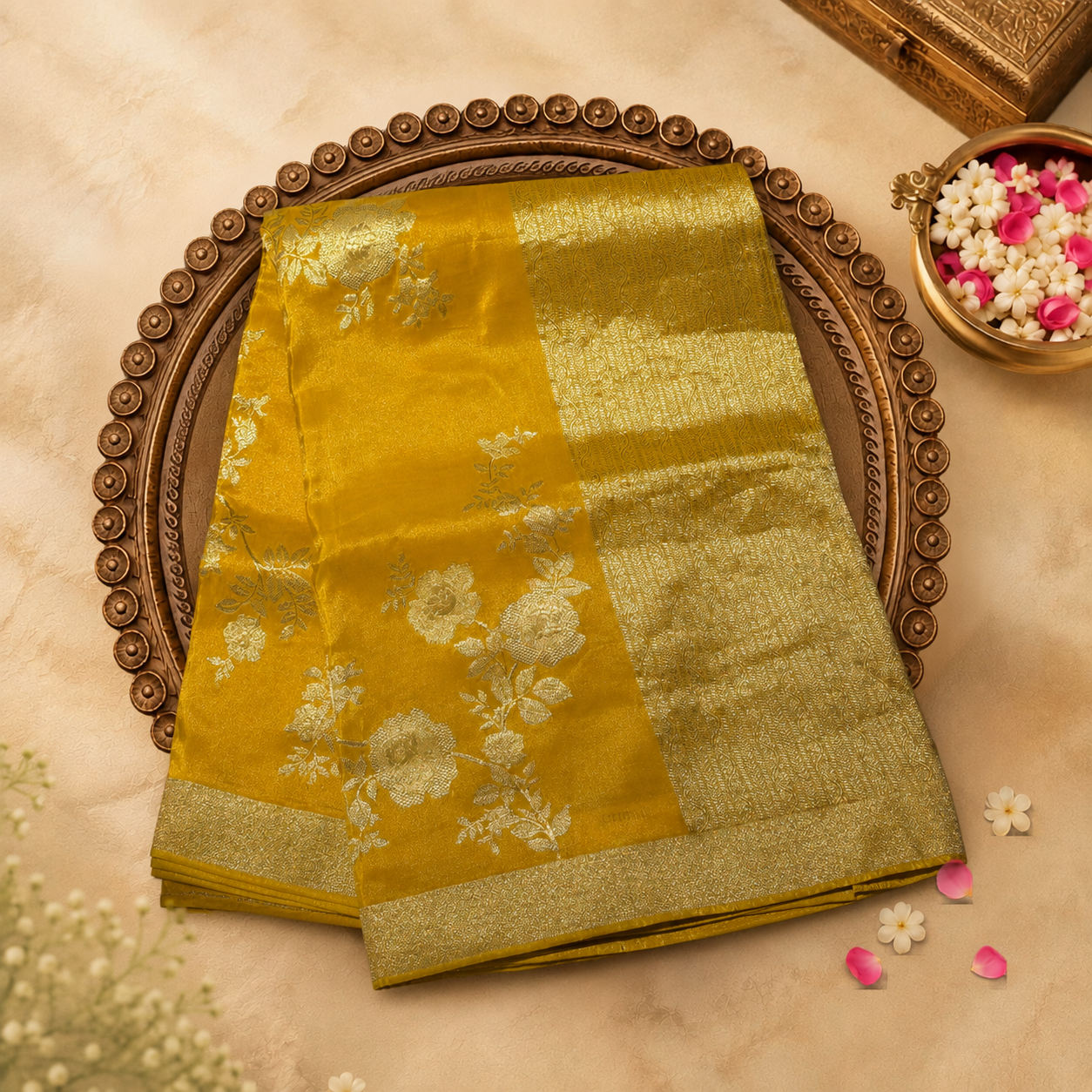 Yellow Semi Banarasi Tissue Silk Saree with Floral Gold Zari Weave & Border