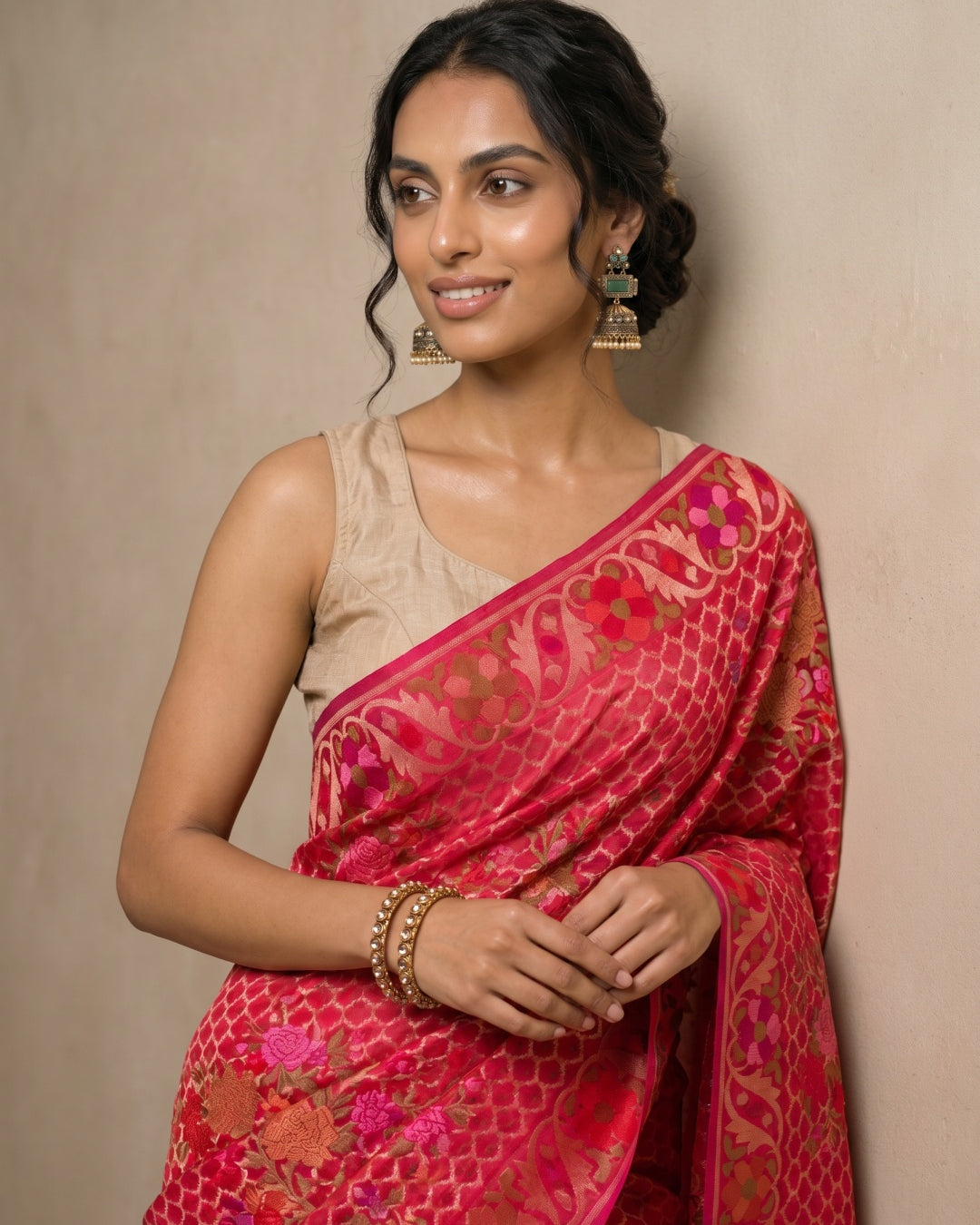 Bright Pink Pure Kora Silk Saree with Jamdani Weave & Border - detail