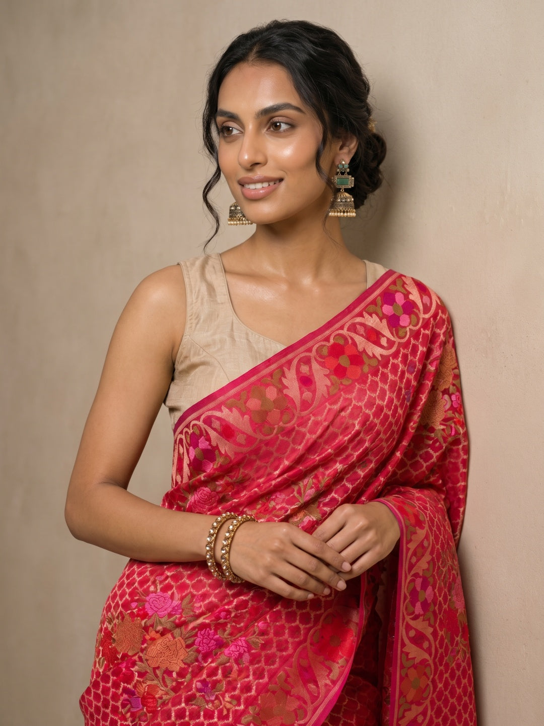 Bright Pink Pure Kora Silk Saree with Jamdani Weave & Border - detail