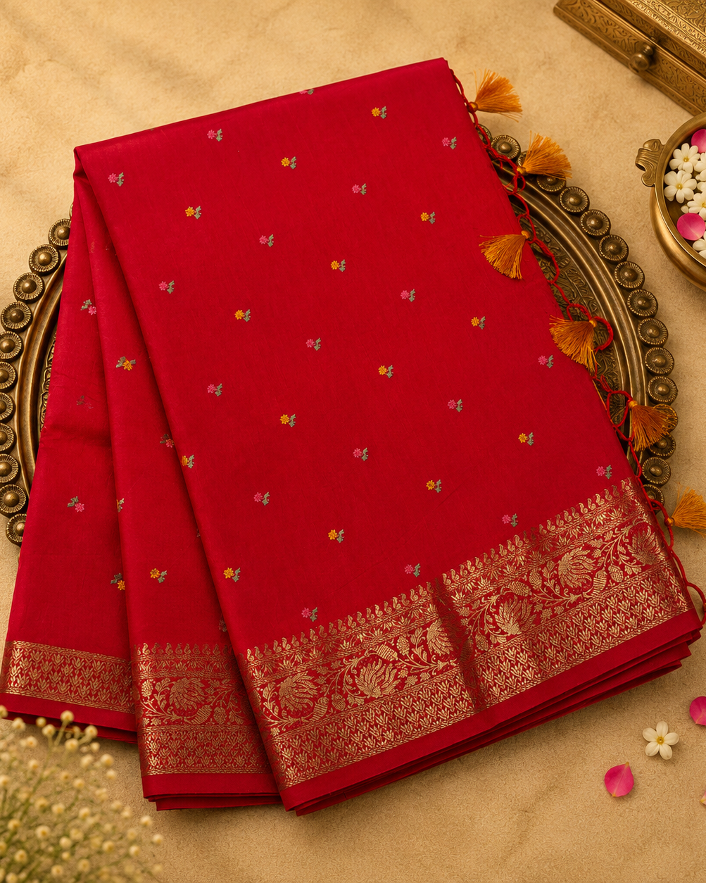 Red Semi Banarasi Silk Saree with Floral Embroidery & Gold Zari Border