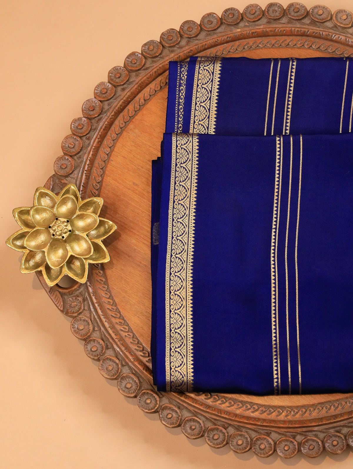 Navy Blue Mysore Crepe Silk Saree with Zari Stripes & Border