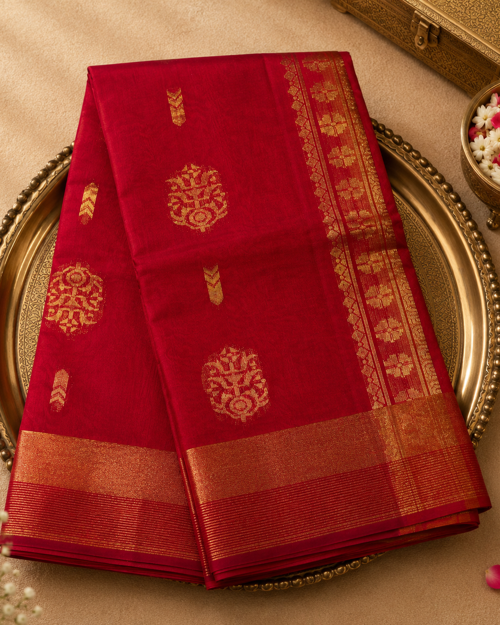Red Pure Silk Cotton Saree with Gold Zari Motifs