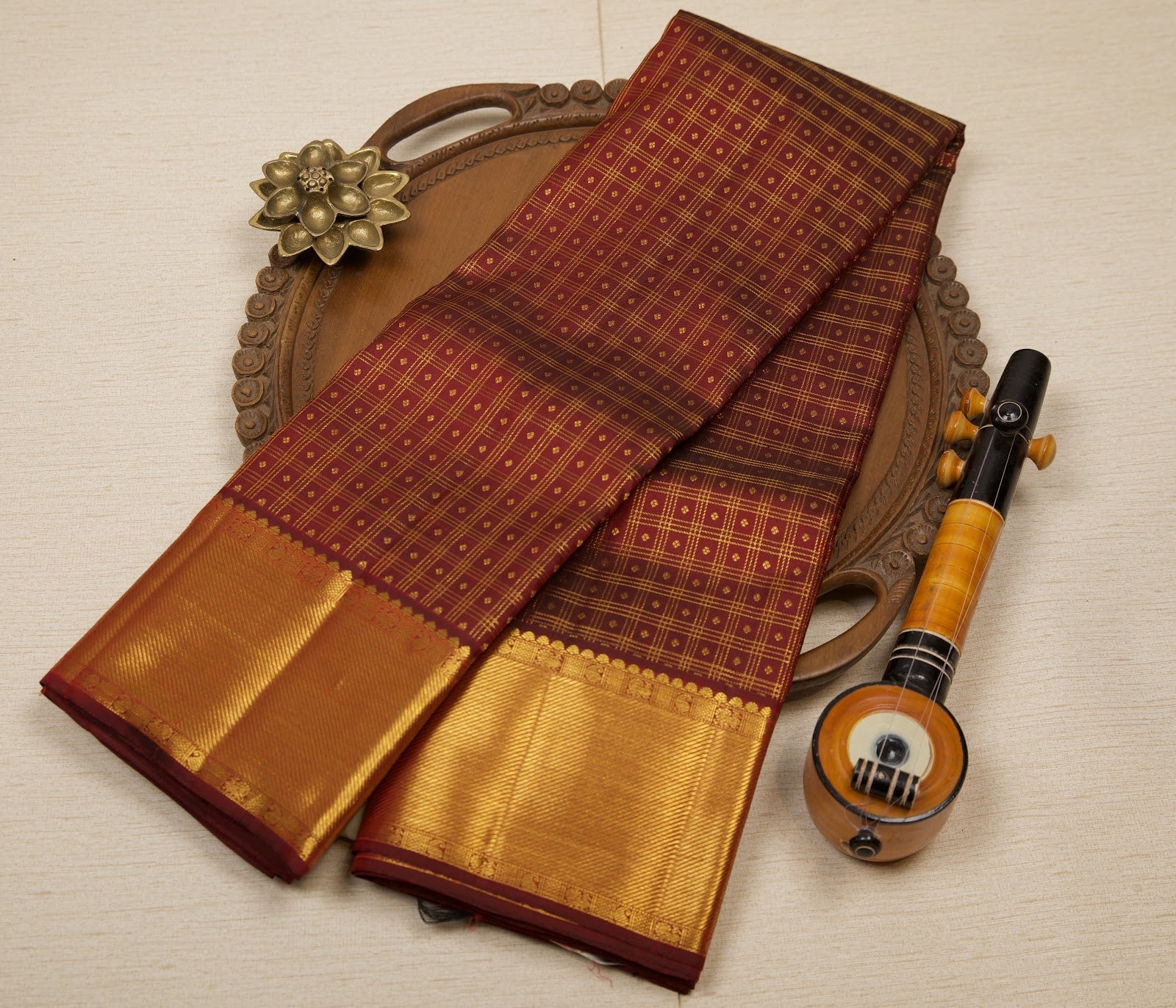 Maroon Red-Black Dual-Tone Pure Kanjeevaram Silk Saree with Zari Checks, Dots & Simple Border