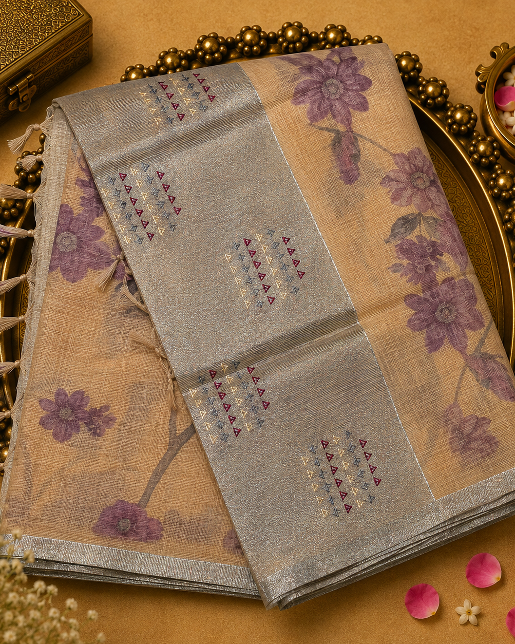 Beige Kotta Cotton Saree with Floral Design & Silver Zari Border