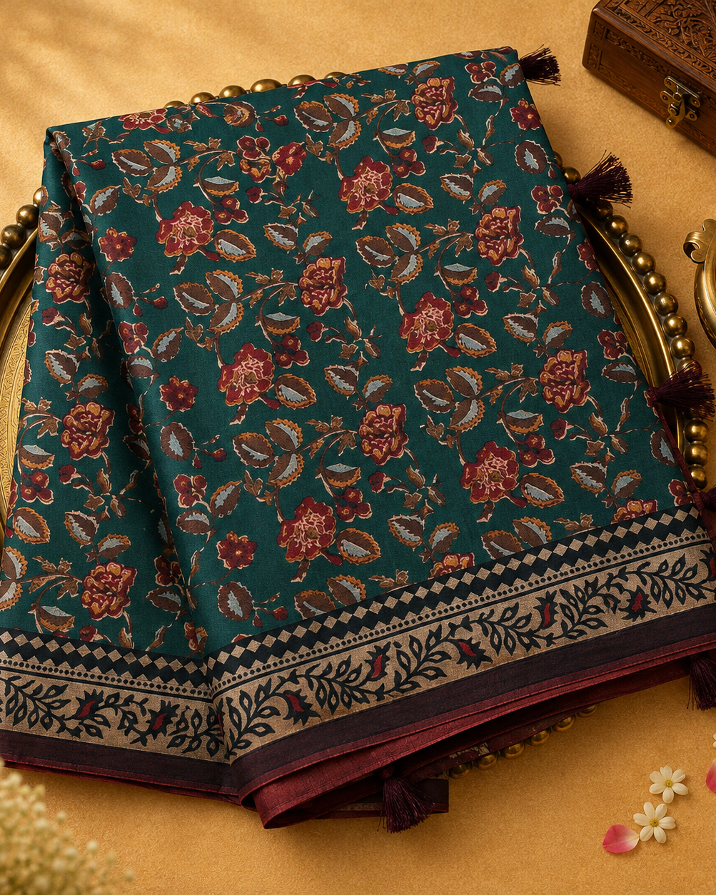 Dark Green Semi Crepe Silk Saree with Floral Print & Beige Printed Border
