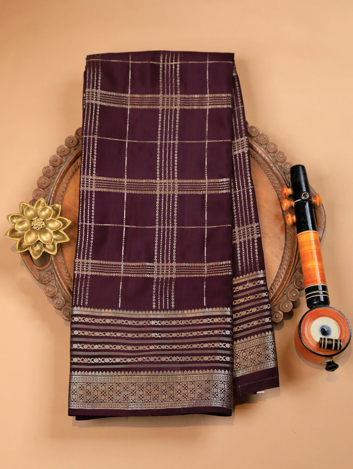 Dark Plum Mysore Crepe Silk Saree with Zari Checks & Border