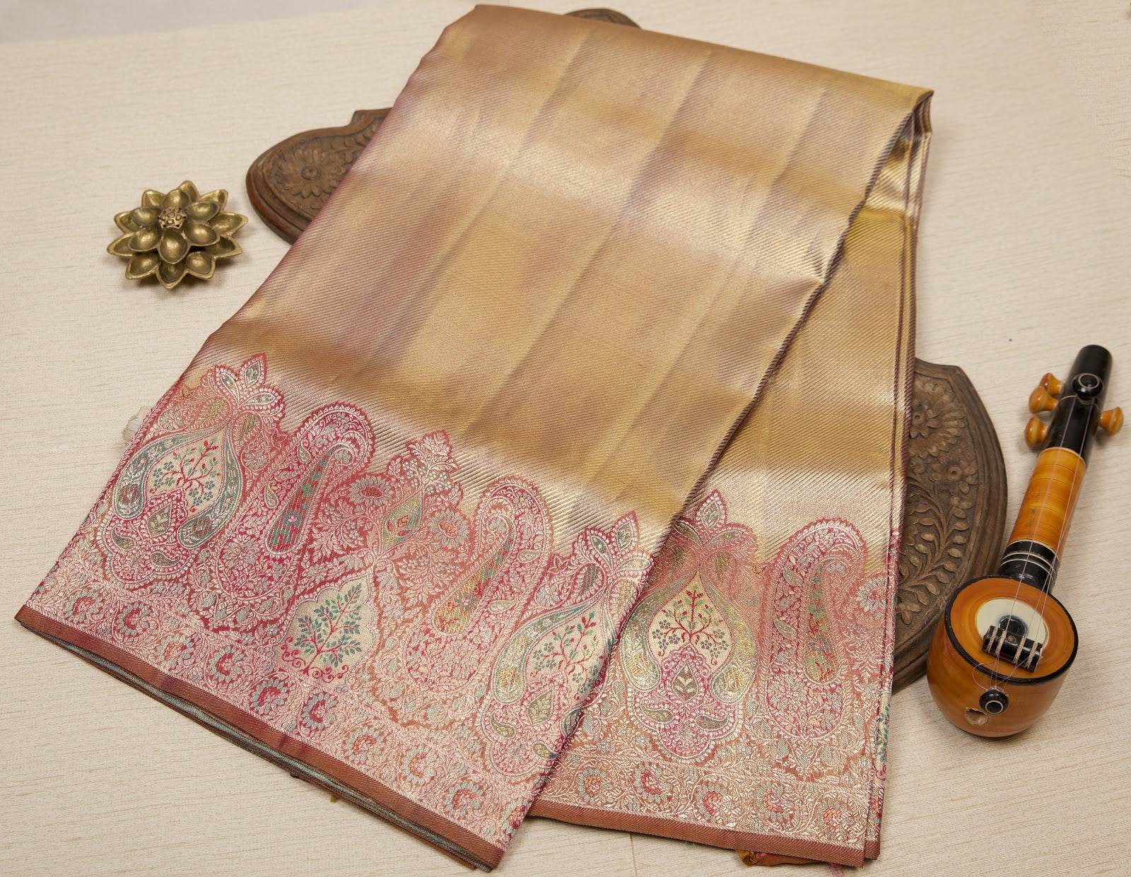 Pink-Blue Dual-Tone Kanjeevaram Tissue Silk Saree with Diagonal Weave & Pink-Gold Zari Border