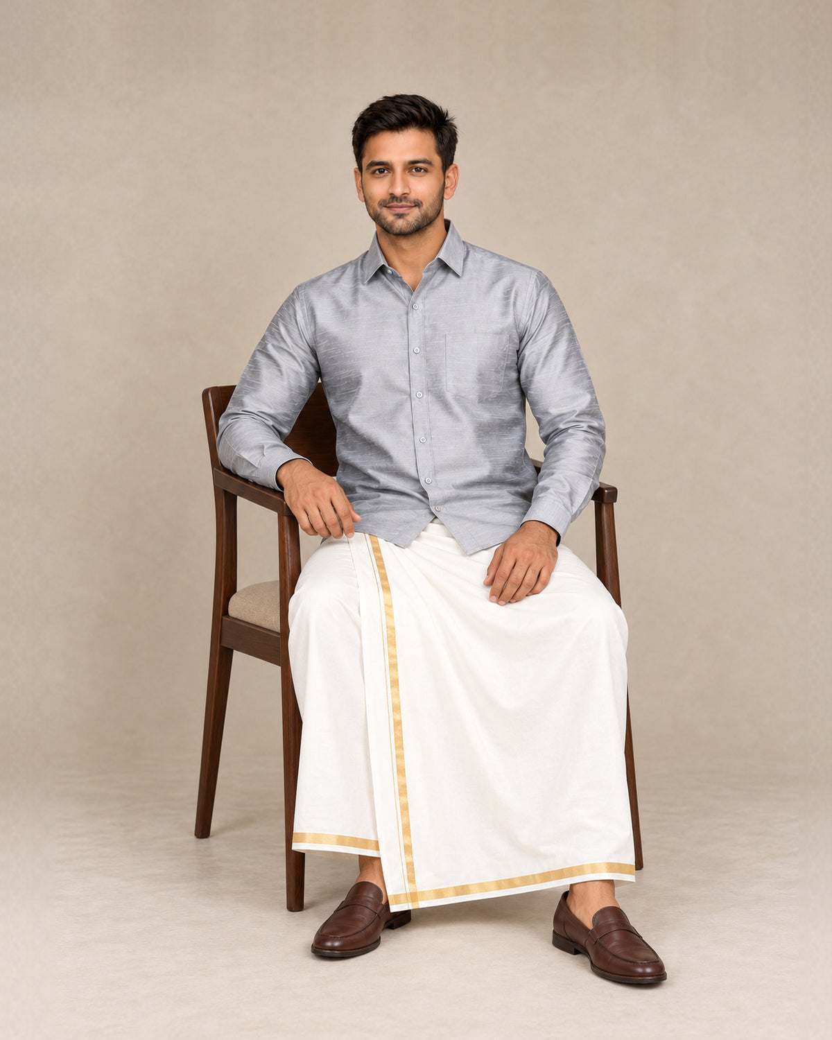 Light Grey Plain Raw Silk Shirt