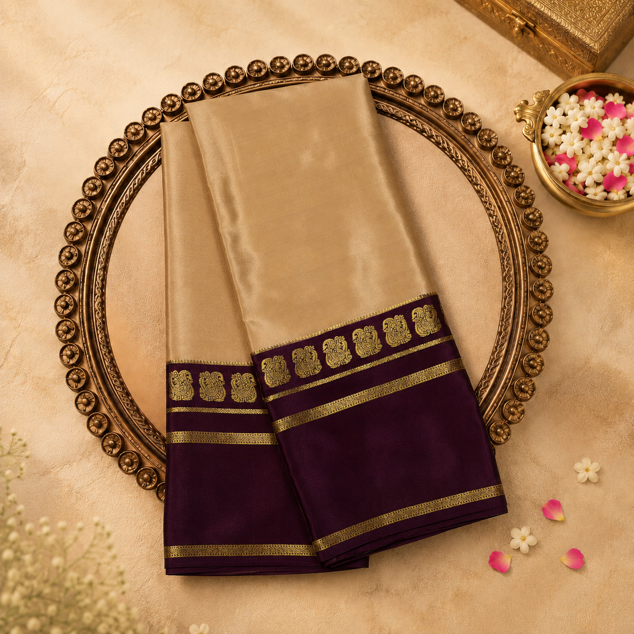 Beige Pure Mysore Crepe Silk Saree with Purple-Gold Border & Purple Blouse