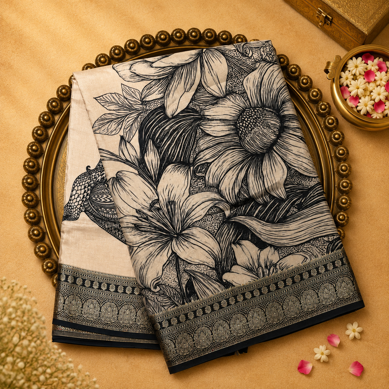 Beige Semi Crepe Silk Saree with Black Traditional Border
