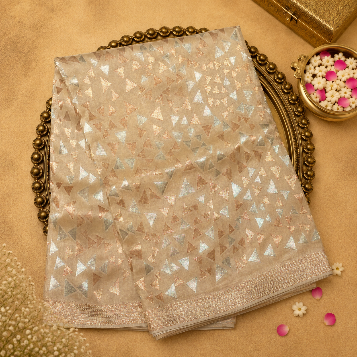Beige Munga Tussar Silk Saree with Gold & Silver Zari Triangular Border