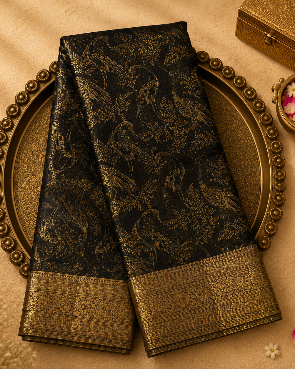 Black Kanchivaram Pure Silk Saree with Gold Tanchoi Weave