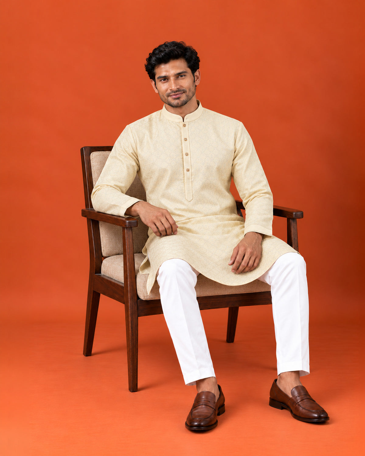 Light Cream Silk Self-Weave Kurta with Cream Pants