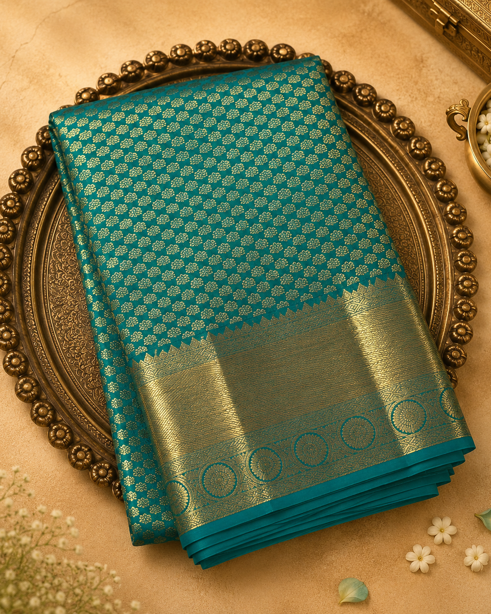 Rama Green Kanchivaram Pure Brocade Silk Saree with Gold Buttas & Zari Border