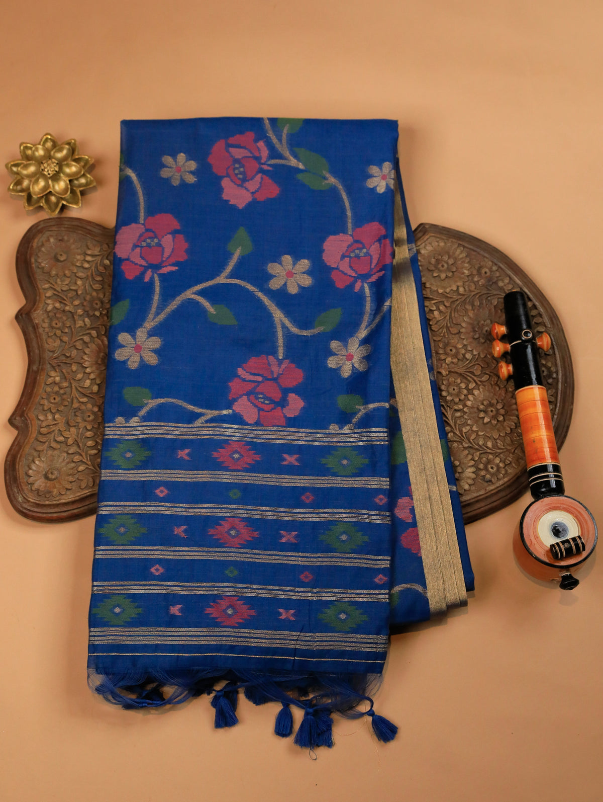 Peacock Blue Mulmul Cotton Saree with Floral Design & Zari Border