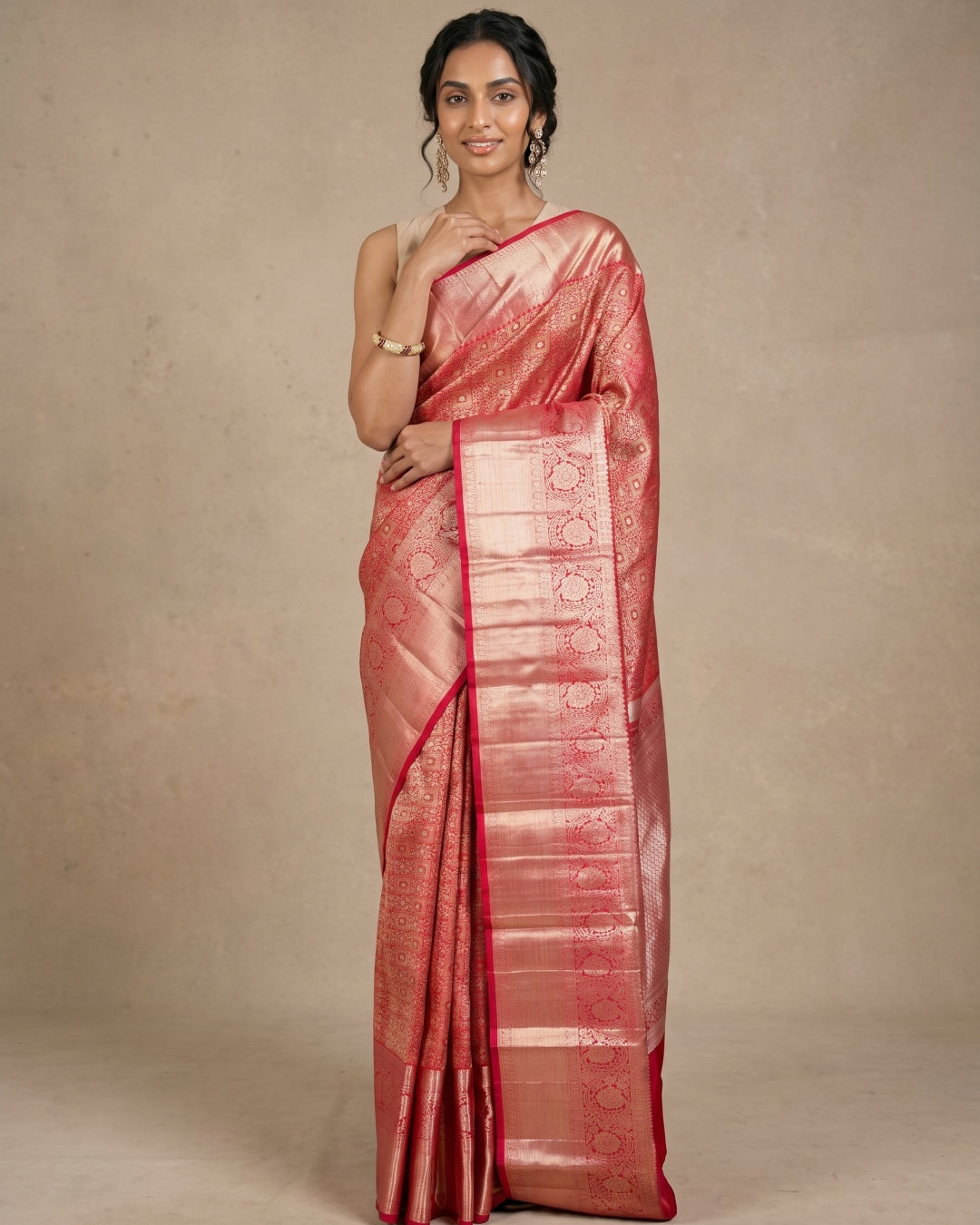Orangish & Red Pure Kanjeevaram Silk Saree with Gold Brocade - detail