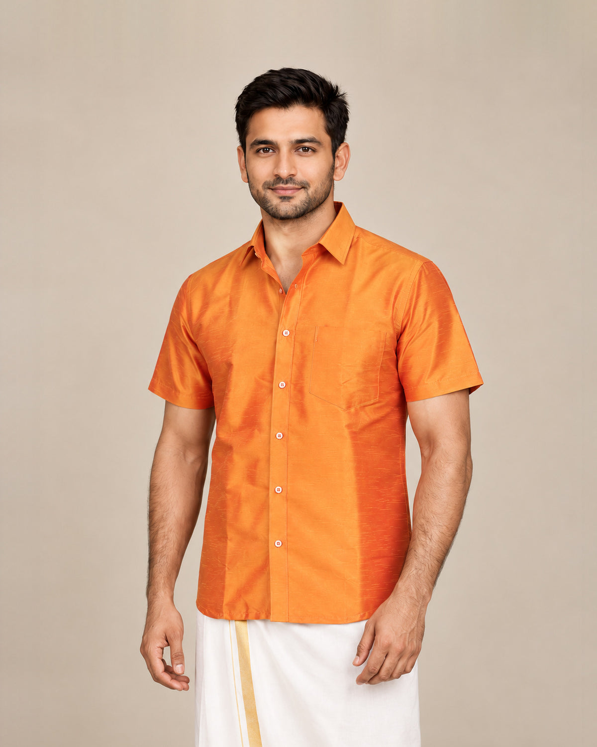 Burnt Mustard Orange Plain Raw Silk Shirt