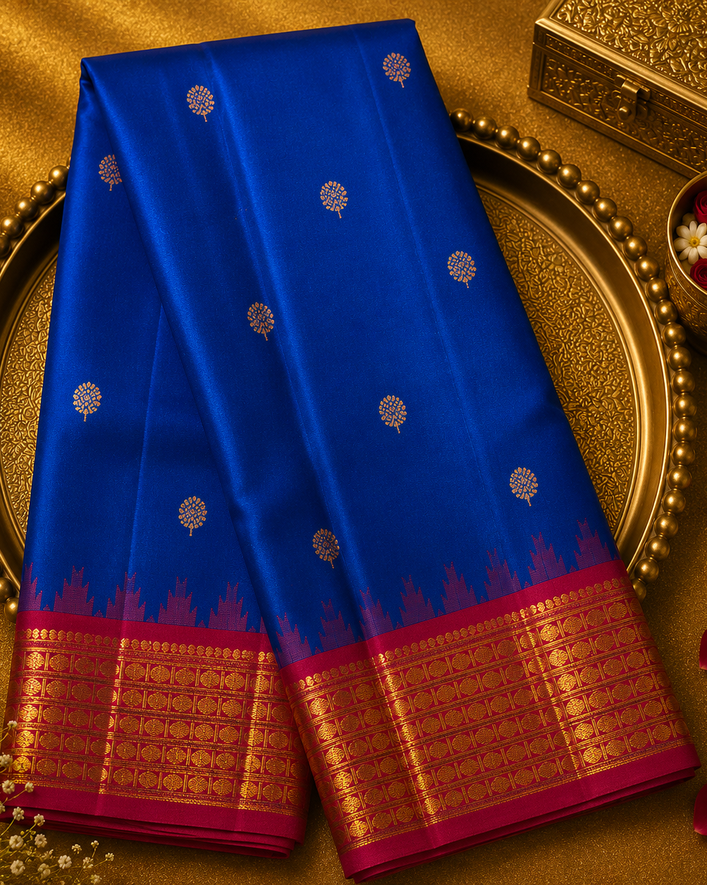 Bright Dark Blue Kanjeevaram Silk Saree with Zari Buttas