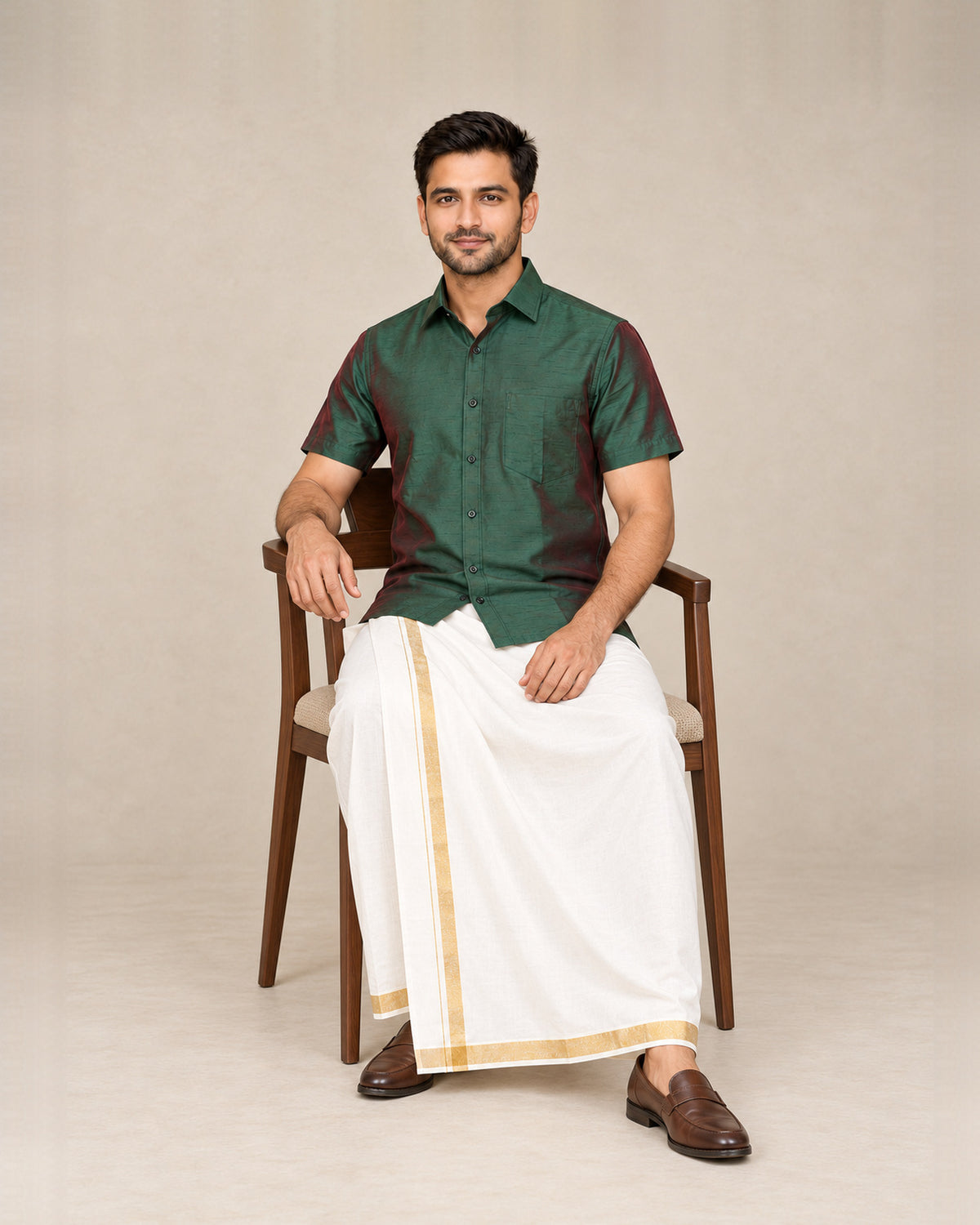 Dark Green Plain Raw Silk Shirt