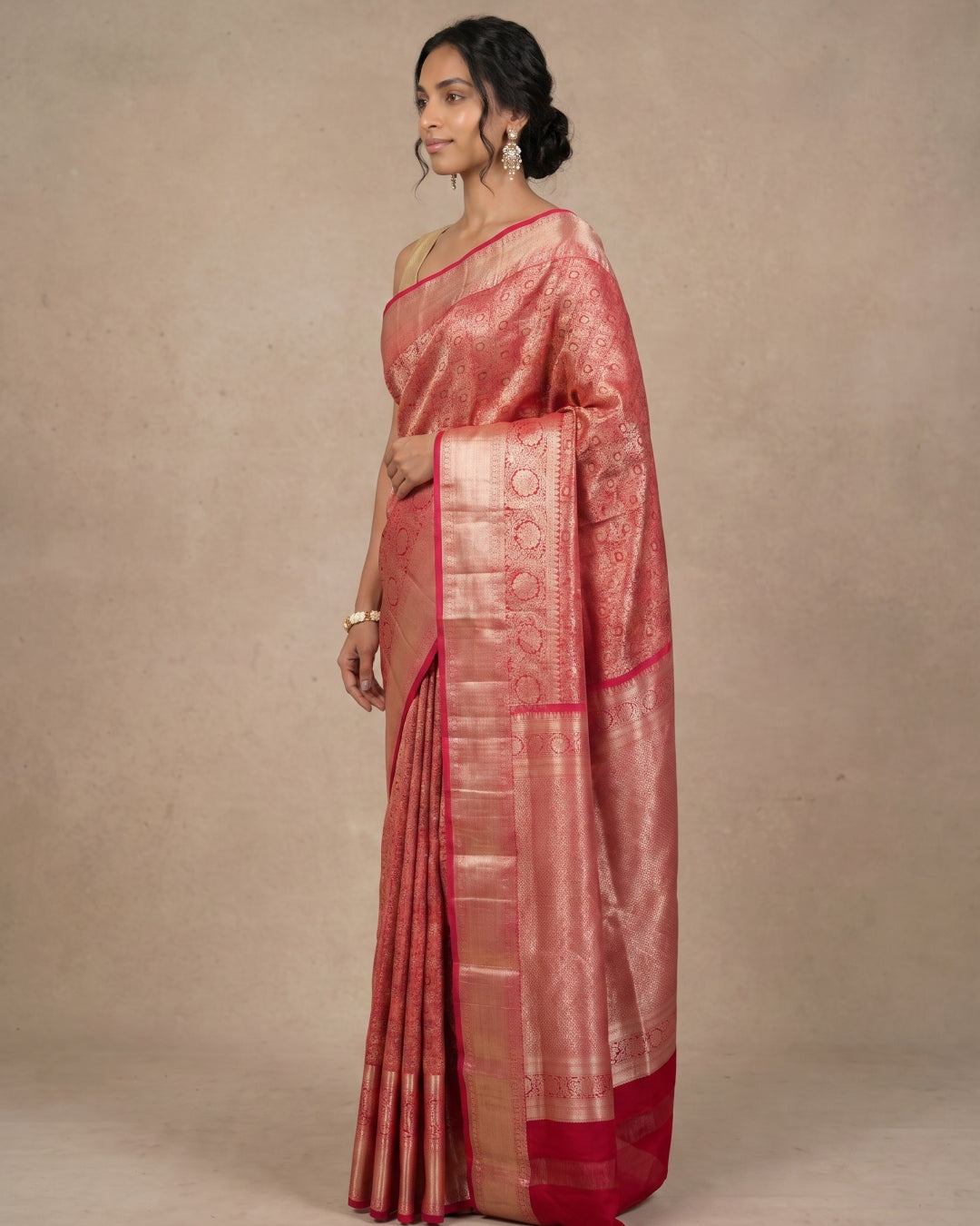 Orangish & Red Pure Kanjeevaram Silk Saree with Gold Brocade