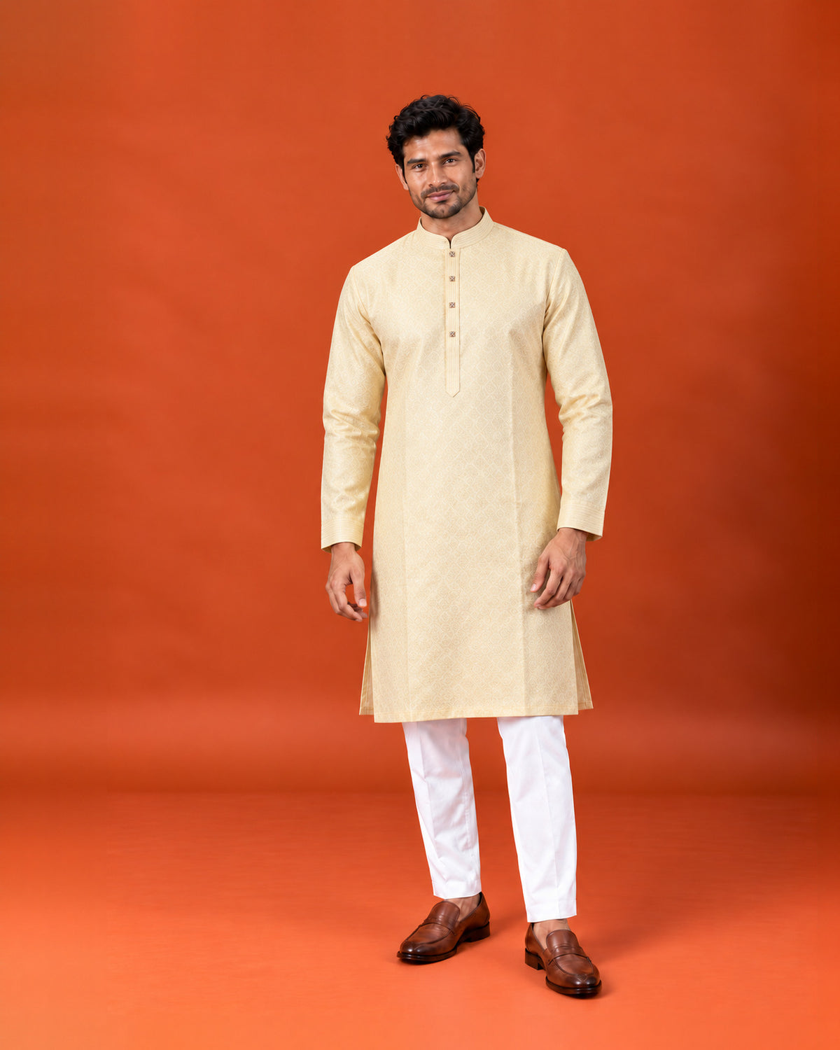 Yellowish Cream Self-Embroidered Kurta with White Pants