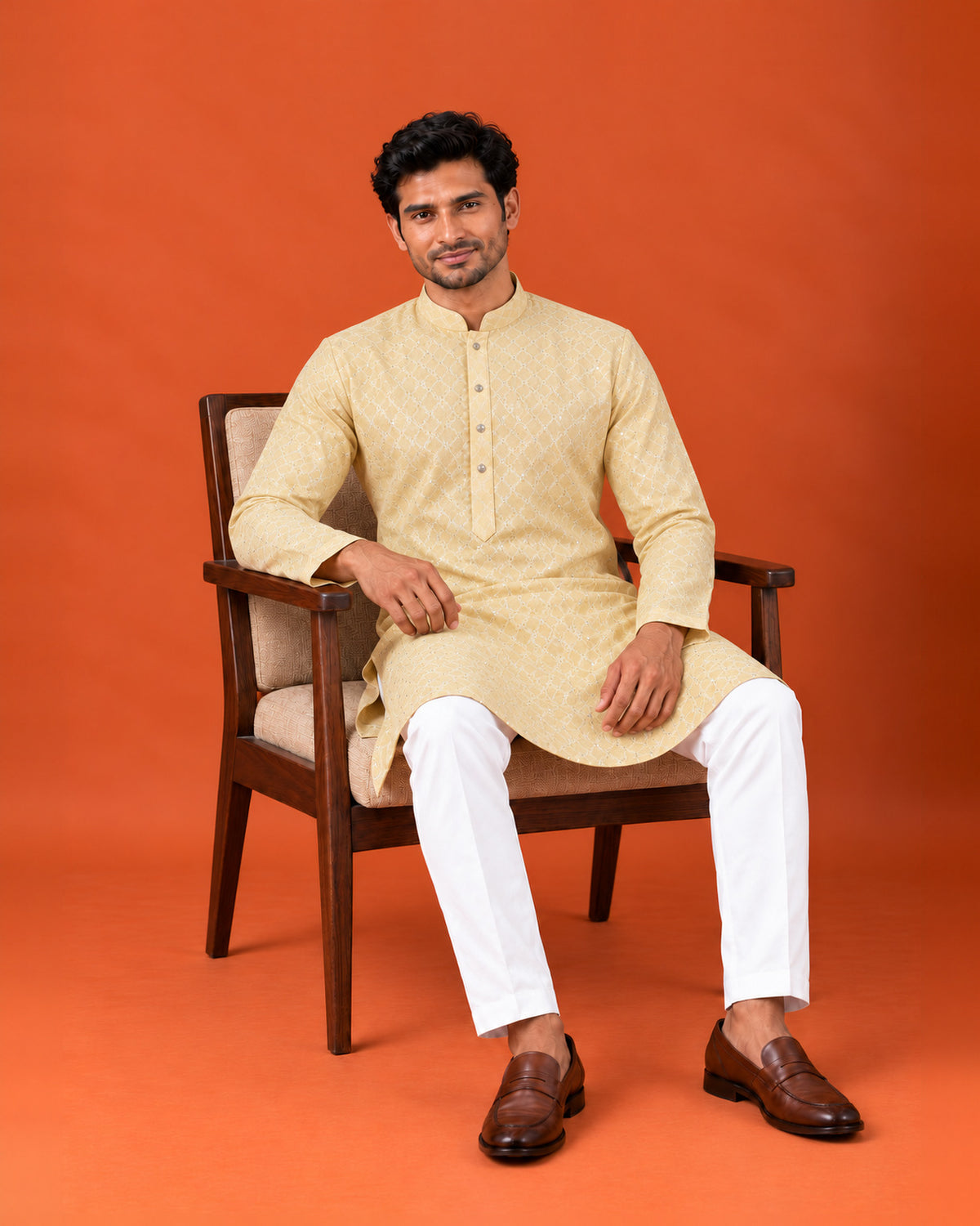 Yellow Rayon Cotton Embroidered Kurta with White Pants