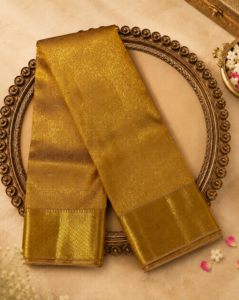 Golden Kanchivaram Pure Brocade Silk Saree with Jaal Weave & Gold Zari Border