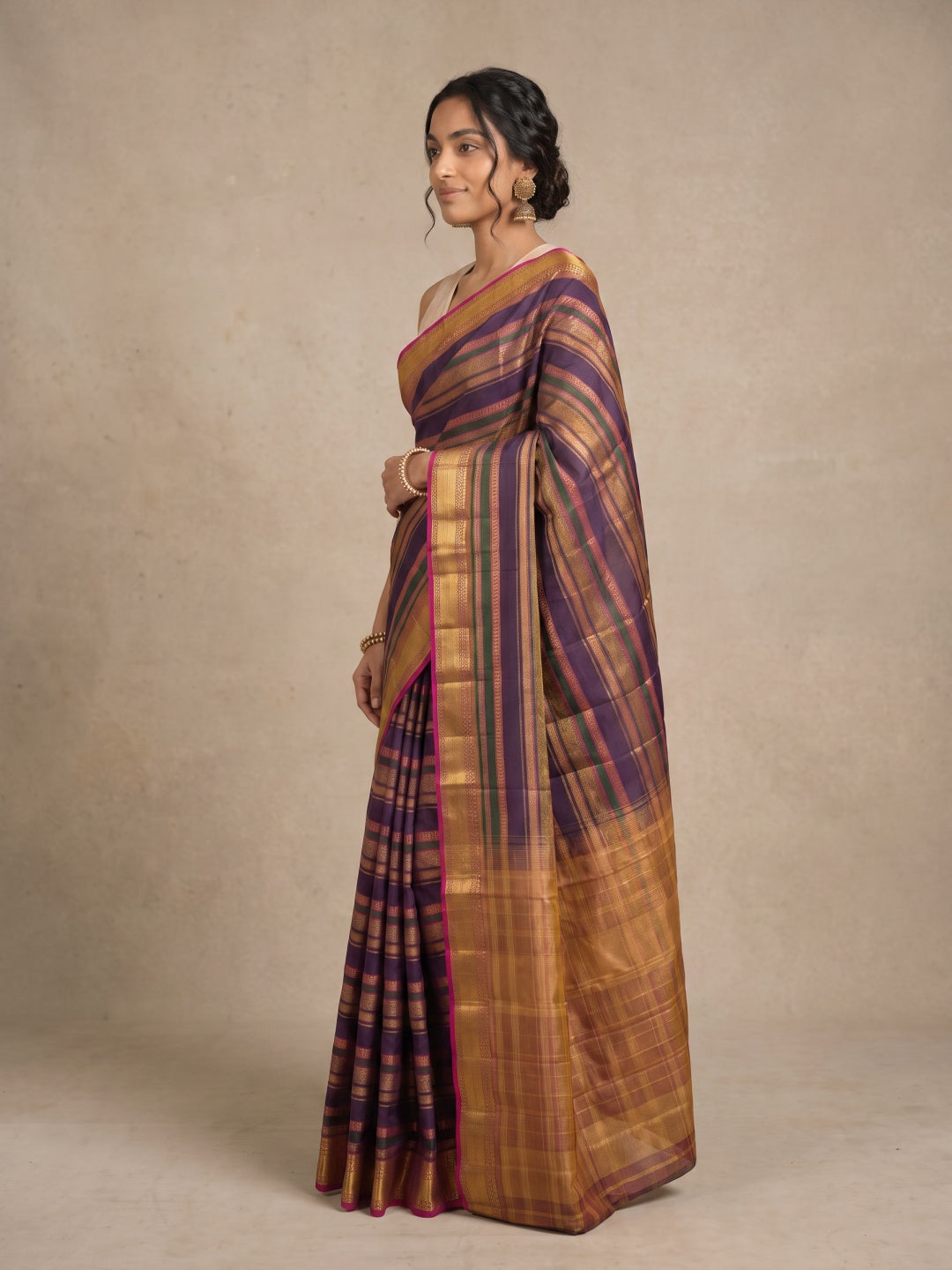 Multicolour Pure Kanjeevaram Silk Saree with Gold Zari Detailing