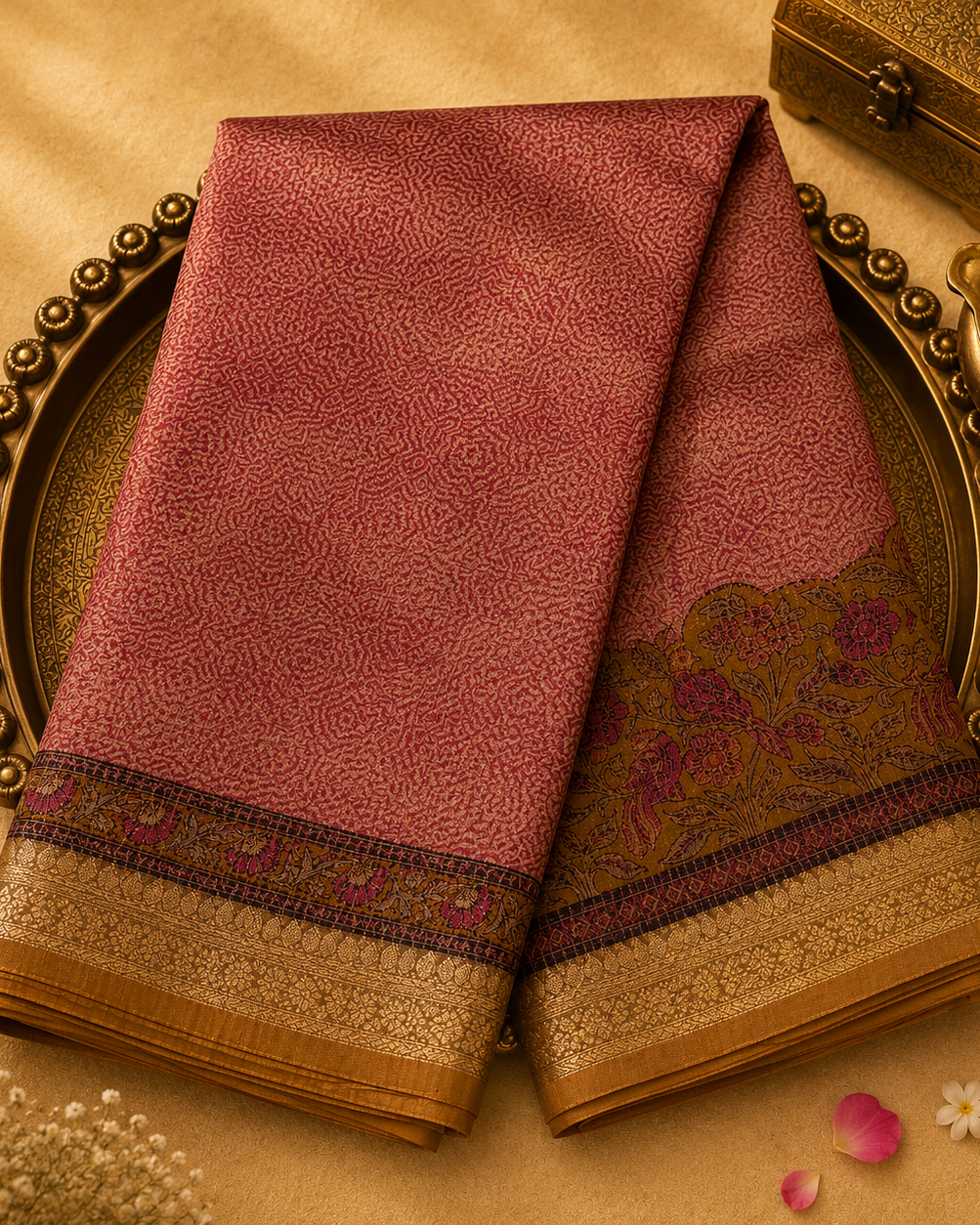 Onion Pink Chanderi Silk Saree with All-Over Print & Mustard Zari Border