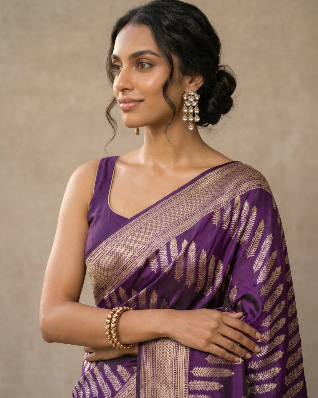 Purple Pure Banarasi Silk Saree with Gold & Silver Diagonal Motifs