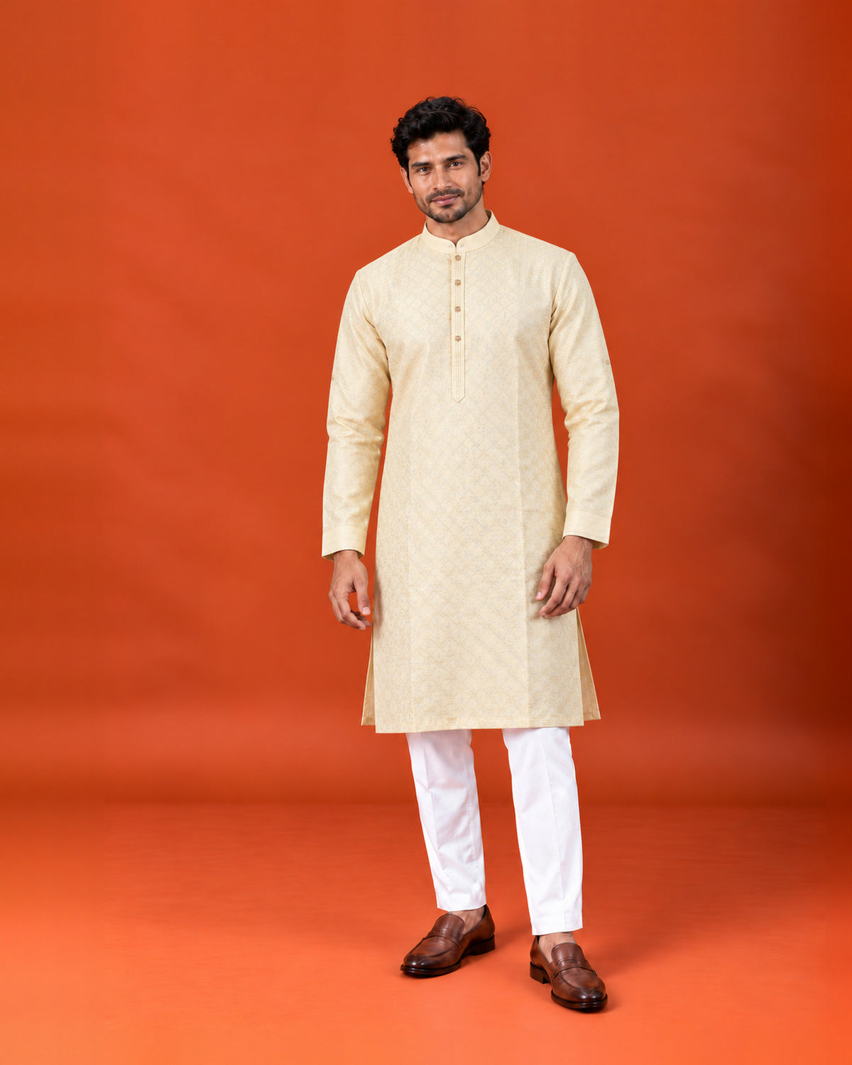 Light Cream Silk Self-Weave Kurta with Cream Pants