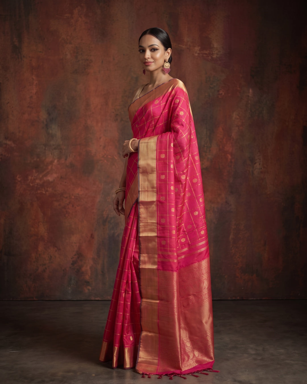 Bright Red & Pink Dual-Tone Pure Kanjeevaram Silk Saree with Zari Checks