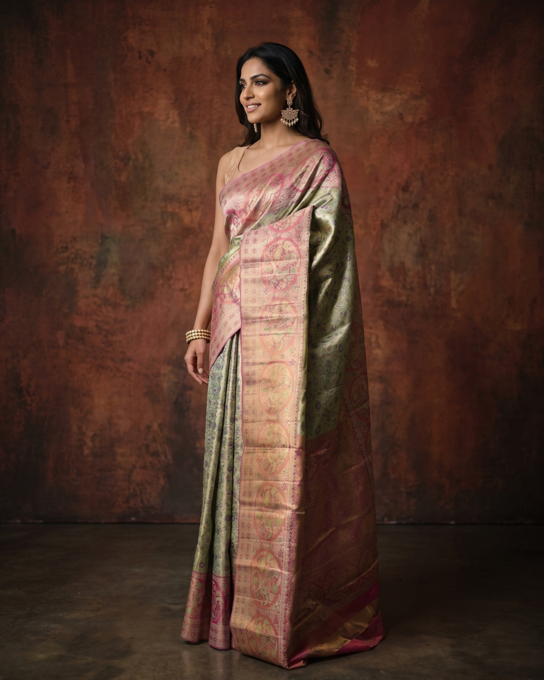 Pista Green Pure Kanjeevaram Tissue Silk Saree with Floral Brocade & Pink Border - detail