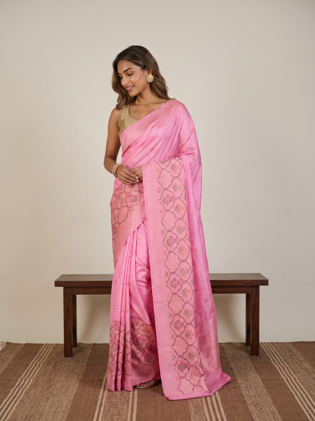 Baby Pink Pure Banarasi Silk Saree with Floral Zari Motifs & Meenakari Border - detail