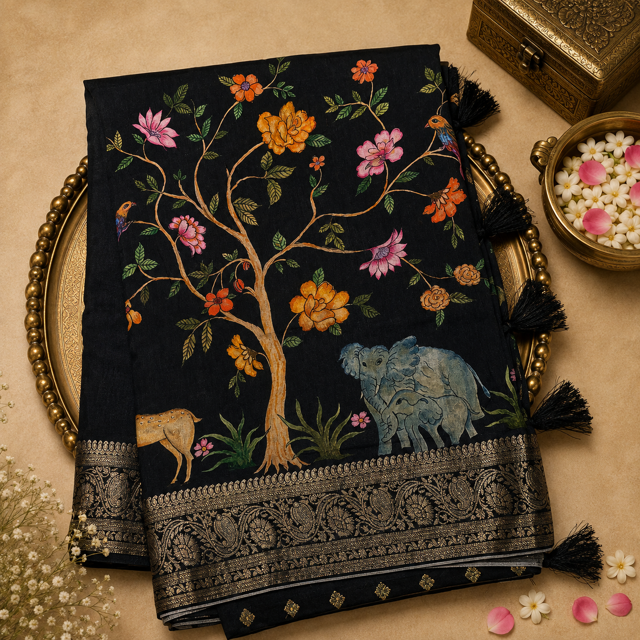 Black Semi Crepe Silk Saree with Animal Print & Gold Zari Floral Border